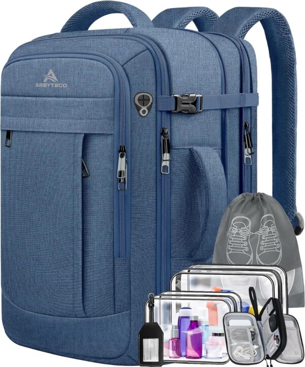 50L Expandable Large Travel Laptop Backpack for Men With Packing Cubes, Carry On Backpack Flight Approved Travel Essentials, Expandable Laptop Bag Weekender Gym Daypack Traveling Backpack, Blue